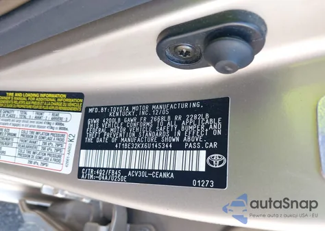 2006 Toyota Camry Le из США, поврежденный, VIN 4T1BE32KX6U145344